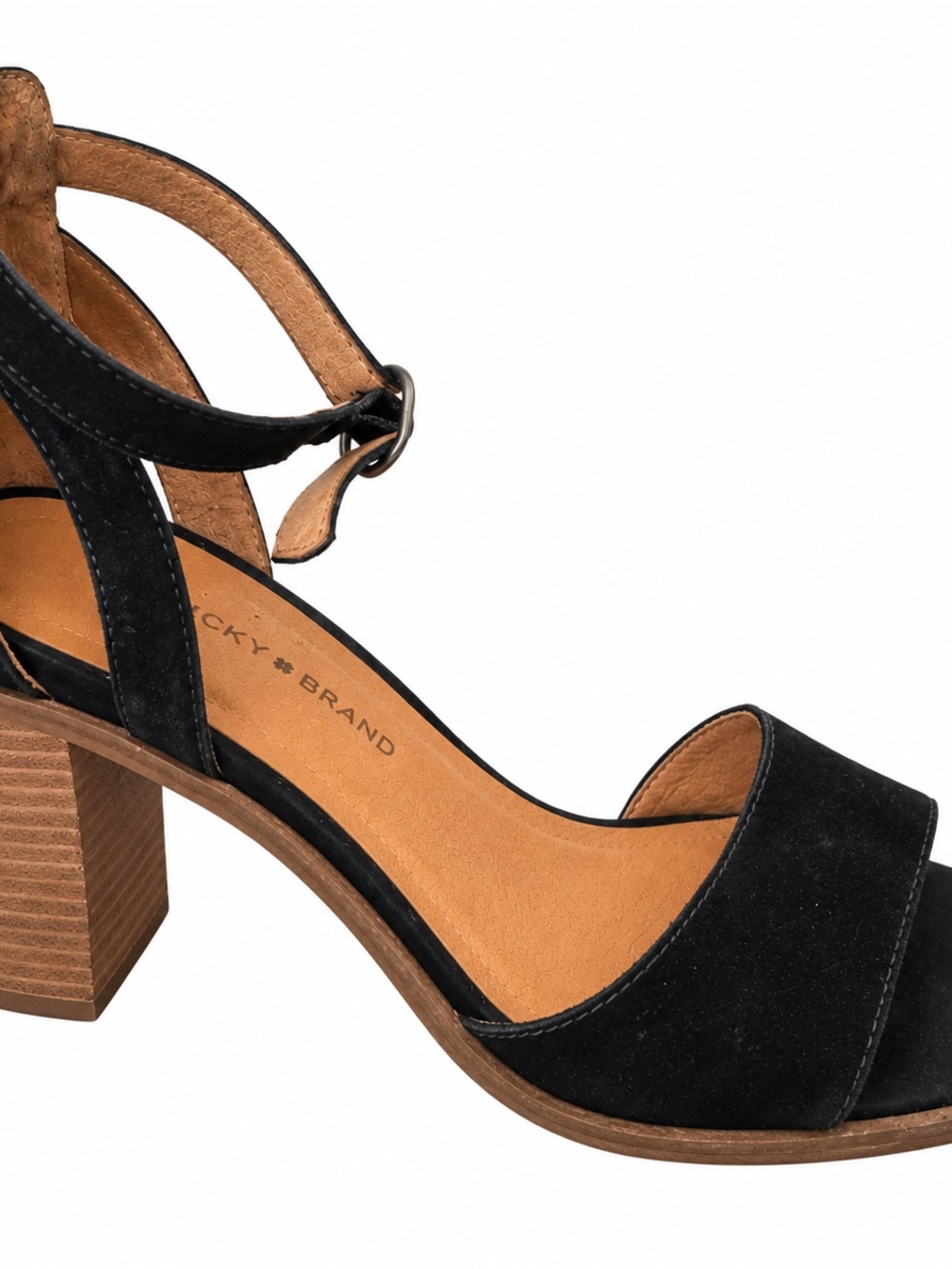 Lucky Brand Black Suede Block Heel Sandals with Ankle Strap